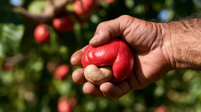Close-up of farmer hand holding a ripe red cashew apple with attached cashew nut during harvest