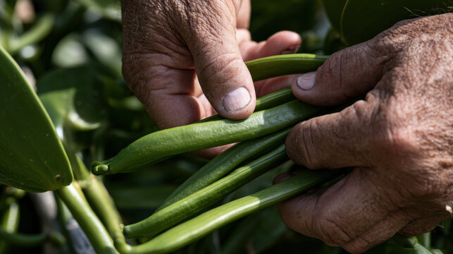 Close-up of farmer hands carefully harvesting mature green vanilla pods from a tropical plant
