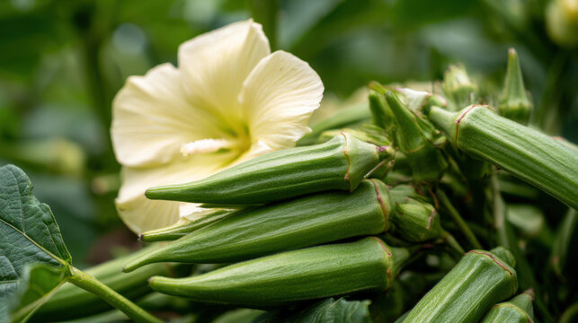 Fresh okra pods developing around a pale yellow blossom on a healthy green vegetable plant