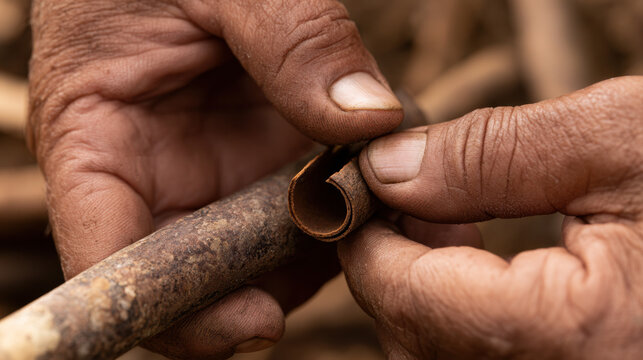 Close-up of hands peeling fresh cinnamon bark from a woody branch during traditional spice harvesting