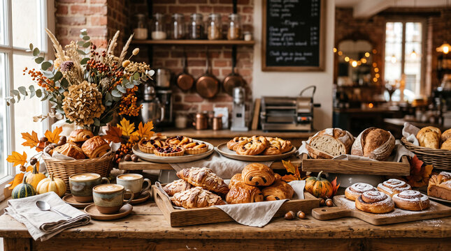 artisan bakery display with fresh pastries croissants bread and coffee
