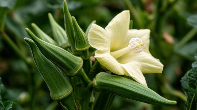 Fresh okra pods and pale yellow blossom growing naturally on a lush green garden plant