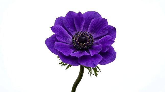 A single blooming purple anemone flower with a dark center isolated on a white background