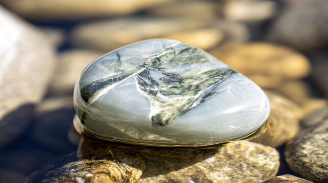 riverbed. A smooth marbled soapstone pebble resting on a riverbed under clear water. travel magazines, destination branding, designed for travel destination branding, used by researchers.