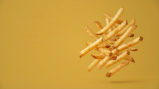 A pile of golden, crispy french fries floating in mid-air against a solid yellow background.