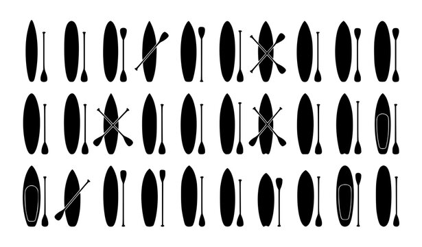Minimal Black SUP Paddleboard and Paddle Silhouette Vector Icon Set