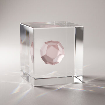 Transparent glass cube containing a pink geometric shape on a light background. 3D composition representing privacy, protection, and emotional boundaries with caustic light