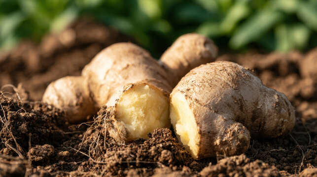 Freshly harvested ginger rhizomes cut open to reveal yellow flesh resting in rich garden soil