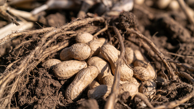 Close-up of freshly dug peanuts among tangled roots and rich brown soil
