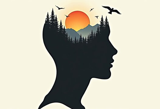Mind holds peaceful sunset over mountains and forest with birds flying free