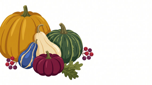 Colorful pumpkins and gourds in a harvest display arrangement  