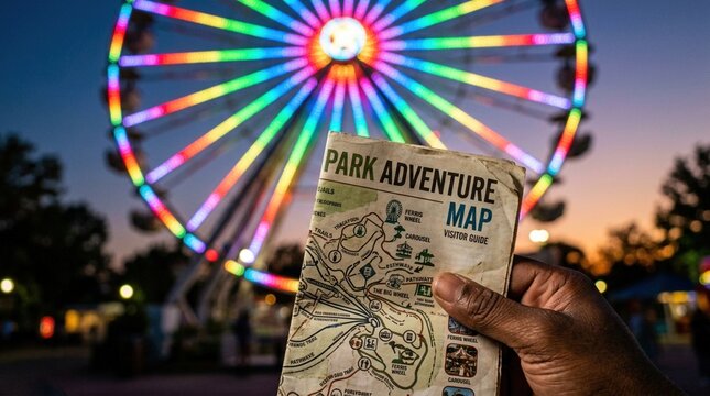 Hand holding paper amusement park adventure map brochure in front of brightly illuminated colorful Ferris wheel at night