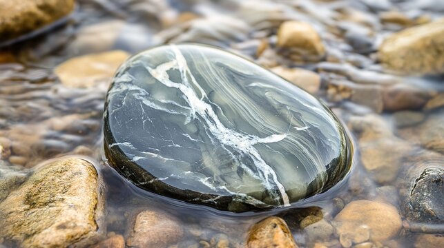 riverbed. A smooth marbled soapstone pebble resting on a riverbed under clear water. travel magazines, destination branding, designed for travel destination branding, used by researchers.