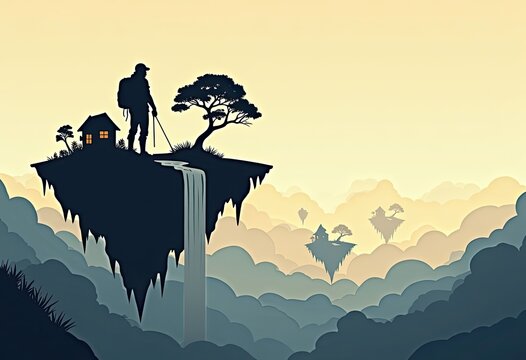 Hiker stands atop floating cliff home overlooking misty valleys below