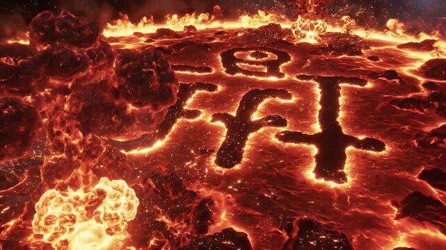 Scary Ancient Symbols Carved into Molten Lava Surface, Fiery Volcanic Landscape with Glowing Text