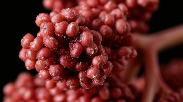 Mature red quinoa seed cluster in extreme macro showing densely packed grains against a dark background