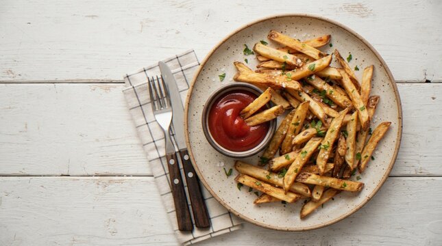 A high-angle shot of a plate of crispy homemade french fries served with a side of ketchup on a rustic white wooden background with cutlery.