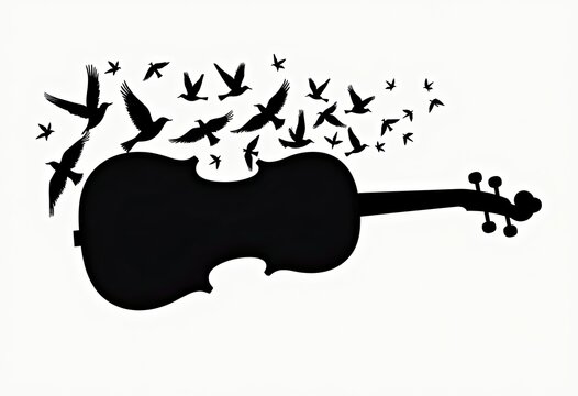 Birds fly from violin silhouette in artistic black and white design