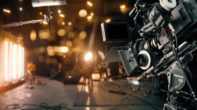 Professional cinema camera on film set with lighting equipment, movie production behind the scenes, broadcasting television studio recording, filmmaking industry creative process