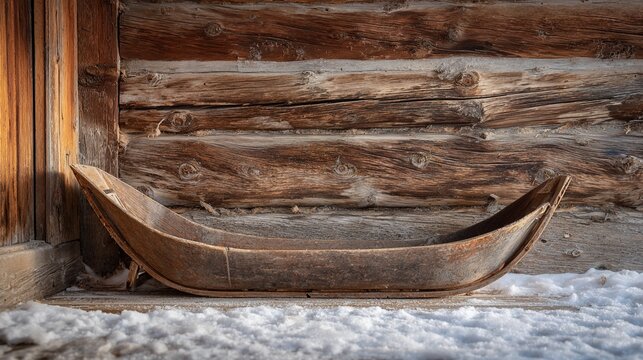 sundered. A traditional wooden toboggan leaning against a rustic cabin wall in the snow. travel magazines, destination branding, designed for outdoor magazines and nature guides, used by copywriters.
