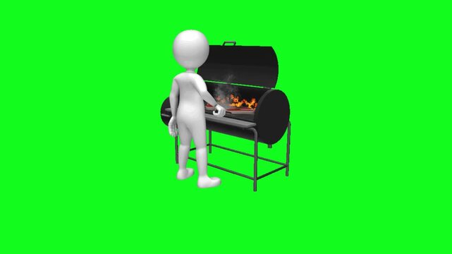 3D white character grilling food on a barbecue grill isolated on green screen background. 3D character cooking food on a charcoal grill with green screen background.