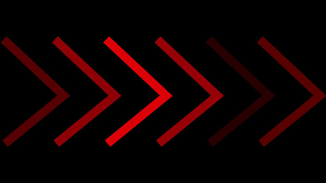 A horizontal sequence of six bright red chevron arrow shapes arranged in a repeating pattern against a solid black background, featuring varying intensities of red light and sharp geometric