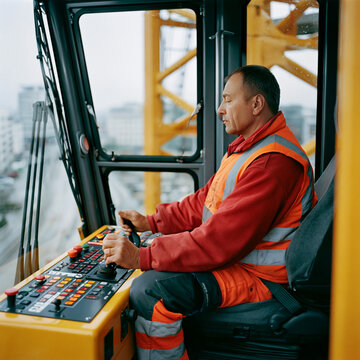 A construction worker in an orange high-visibility vest operates a crane from its control cabin, intently focused on the task. The cabin is equipped with numerous buttons and joysticks.