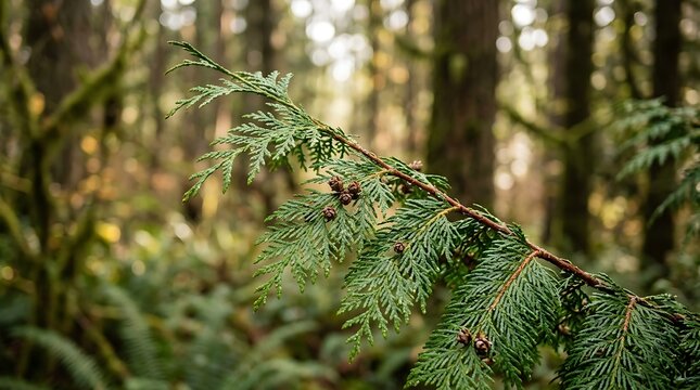 Closeup of a vibrant green cedar tree branch with small pinecones in a lush forest