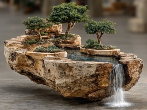 Miniature landscape featuring waterfalls, trees, and serene pools built into a stone structure