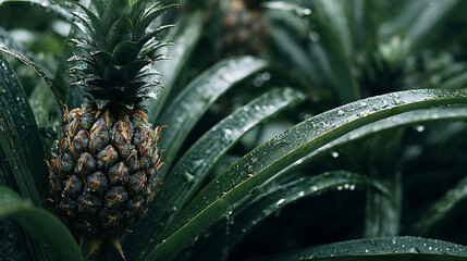 Fototapeta premium Tropical pineapple plant with water droplets on green leaves