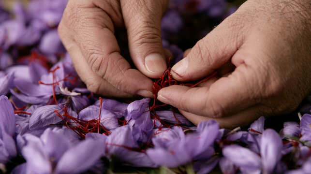 Skilled hands carefully separating red saffron stigmas from freshly harvested purple crocus flowers