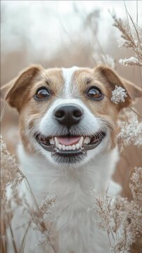 A joyful dog smiling with its mouth open against a backdrop of tall flowers and grasses.