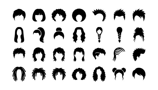 Bold Solid Hair Icon Bundle with Various Hairstyles. Black Silhouette Design for Fashion