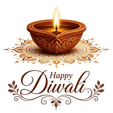 Happy Diwali Greeting With Traditional Clay Diya Lamp, Rangoli Pattern And Warm Flame
