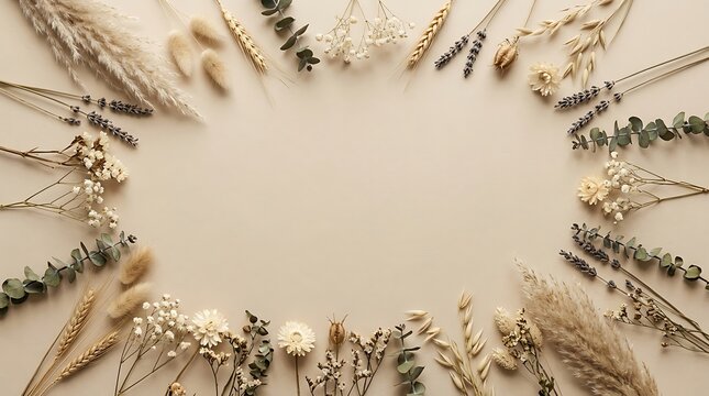 Floral frame background with dried wildflowers and pampas grass on a light beige surface