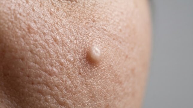 Macro view of clear molluscum contagiosum papule with central umbilication on skin