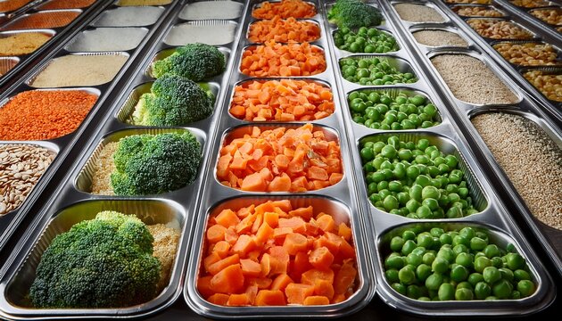 rows of aluminum trays filled with grain peas carrots and broccoli