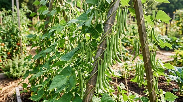 Fresh green beans growing on a wooden trellis in a vegetable garden plot