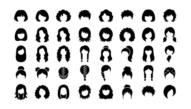 Black Silhouette Hair Styles Set with Various Cuts and Braids. Vector Design Icons for Fas