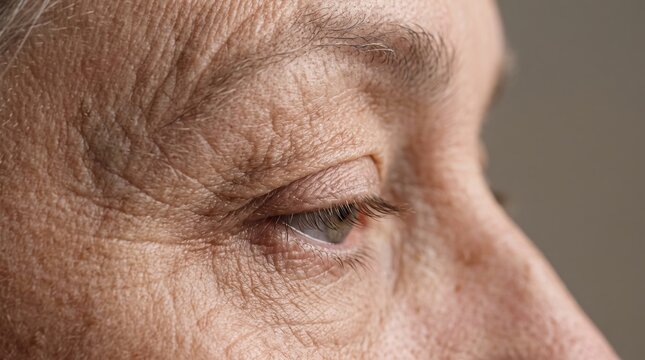 Macro side profile of senior eye with deep crow feet wrinkles and sagging eyelid skin