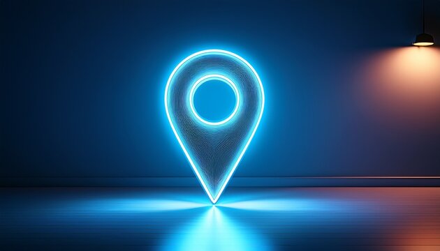 a neon location pin glows brightly in a minimalist blue lit corner