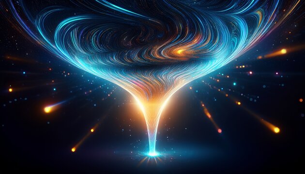 swirling cosmic particles pour into a luminous funnel creating a vibrant energy vortex