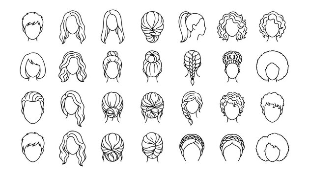 Monoline Hair Outline Vector Bundle Set with Various Hairstyles. Hair Design, Fashion, Ill