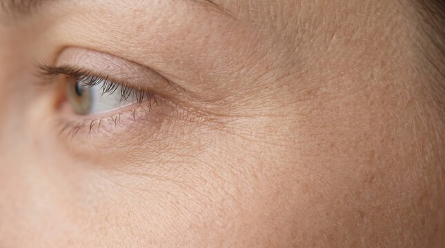 Extreme closeup of woman eye region showing fine crow feet lines and skin pores