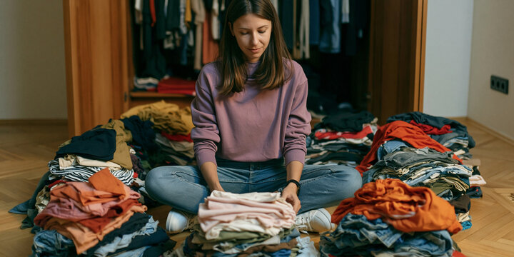 A young woman is sitting on the floor in front of an open closet, surrounded by piles of folded clothes. She is neatly folding a stack of clothes in her hands and smiling thoughtfully.