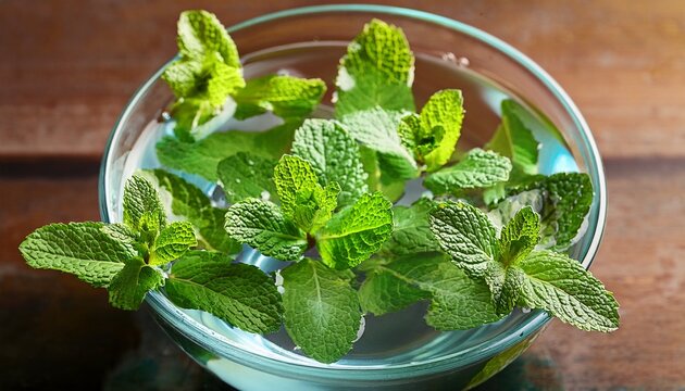 fresh mint leaves floating in a bowl of water