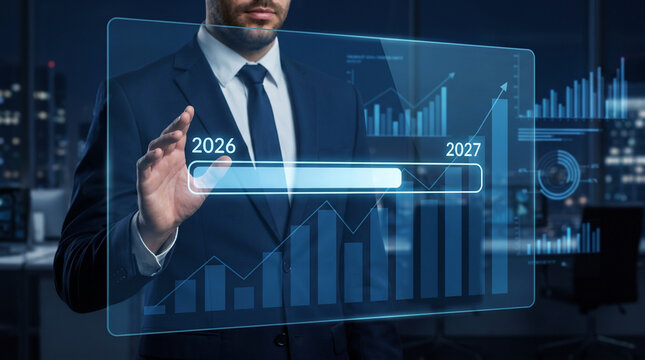 Businessman interacting with futuristic hud screen showing loading progress bar from year 2026 to 2027 with financial growth charts.