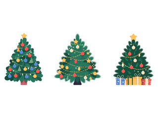 Fototapeta premium Christmas Tree Collection, Flat Vector Illustration with Decorated Evergreen Trees Ornaments Garlands Stars and Gift Boxes Set