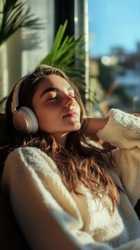 A woman listening to music, wearing white headphones, while laying down in a cozy chair outside during daytime.