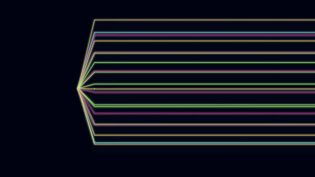 This abstract background features vibrant neon light streaks traveling along parallel paths within a dark digital space. The glowing lines move in a continuous flow pattern for a modern aesthetic.